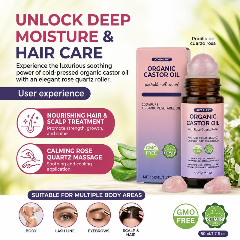 Organic Castor Oil Roll-On with Rose Quartz Roller – Nourishes Hair, Brows, Lashes & Skin
