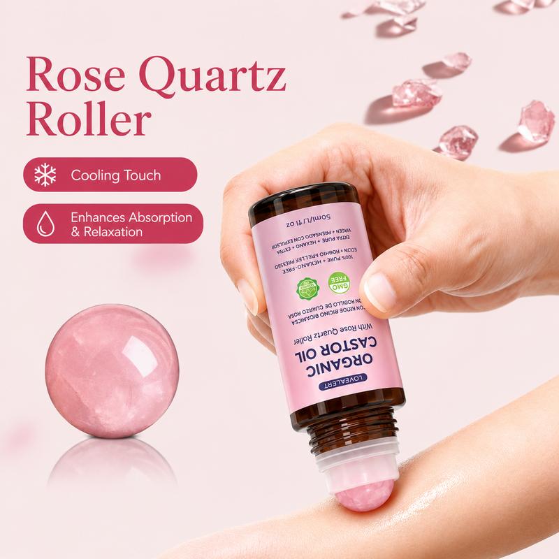 Organic Castor Oil Roll-On with Rose Quartz Roller – Nourishes Hair, Brows, Lashes & Skin