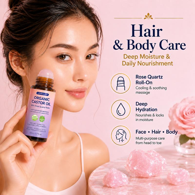 Organic Castor Oil Roll-On with Rose Quartz Roller – Nourishes Hair, Brows, Lashes & Skin