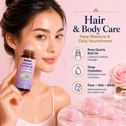 Organic Castor Oil Roll-On with Rose Quartz Roller – Nourishes Hair, Brows, Lashes & Skin