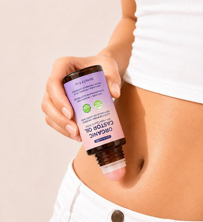 Organic Castor Oil Roll-On with Rose Quartz Roller – Nourishes Hair, Brows, Lashes & Skin
