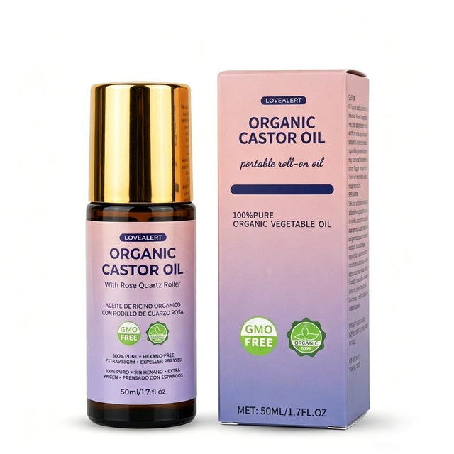Organic Castor Oil Roll-On with Rose Quartz Roller – Nourishes Hair, Brows, Lashes & Skin